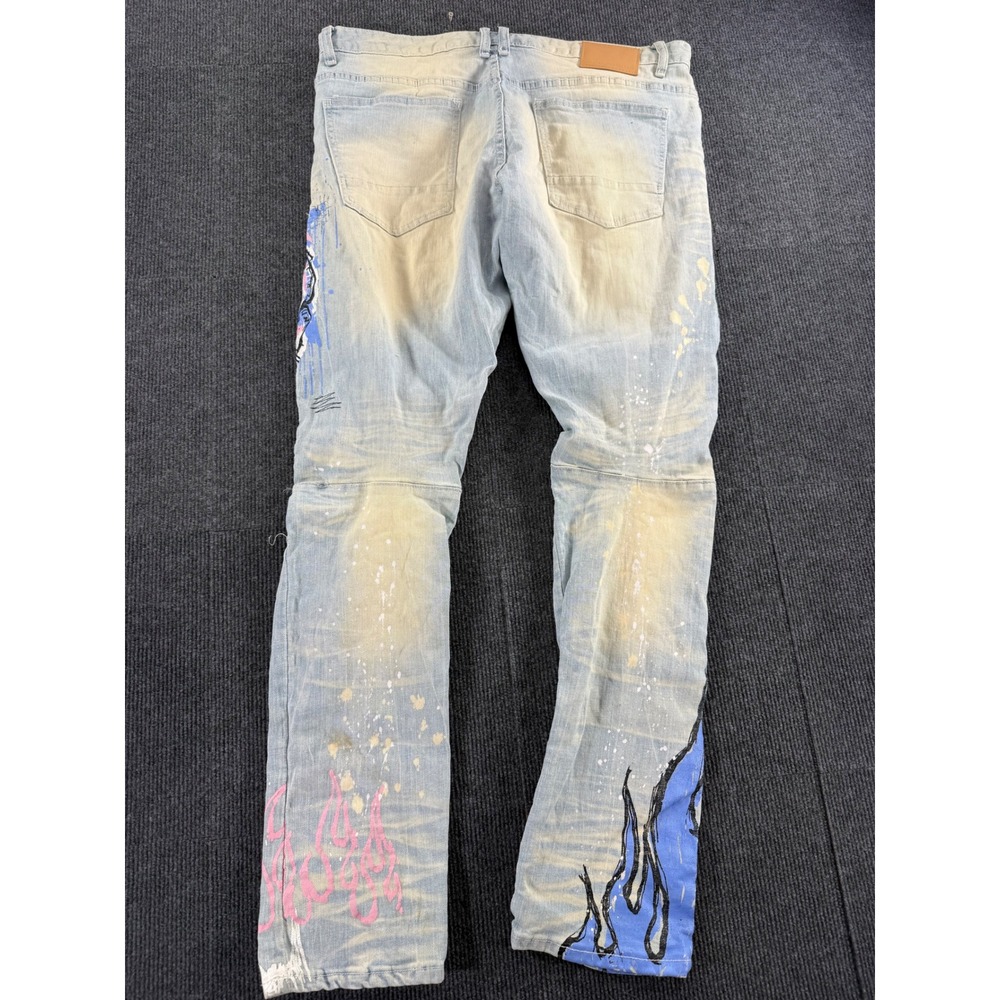 Smoke Rise DNM Co Mens Distressed Graphic Jeans Light Wash Skull Flame 38x34 - Picture 10 of 10